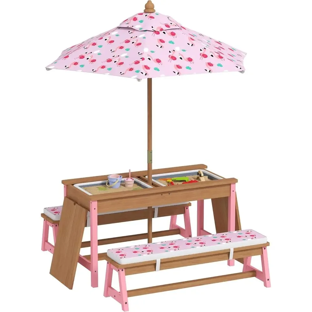 Kids Outdoor Table With Umbrella - Wooden Picnic Table Set with Umbrella,