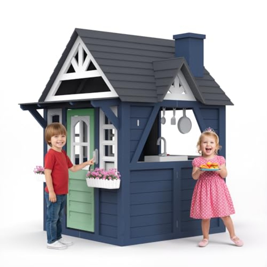 Kids Outdoor Kitchen - Outdoor kids playhouse: wooden, blue, large