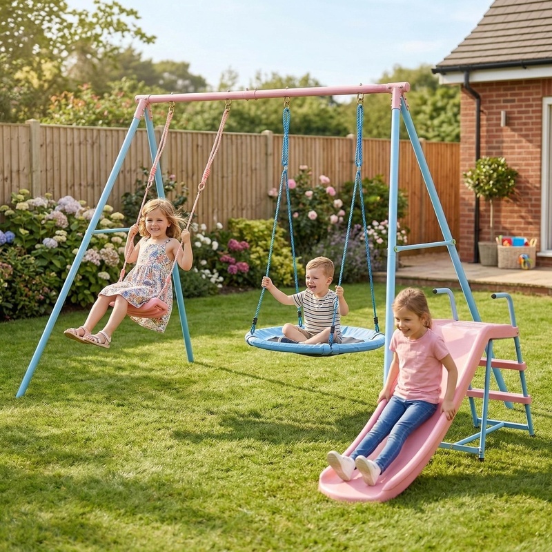 Kids Outdoor Swing - Blue and Pink Two-Person Swing Set