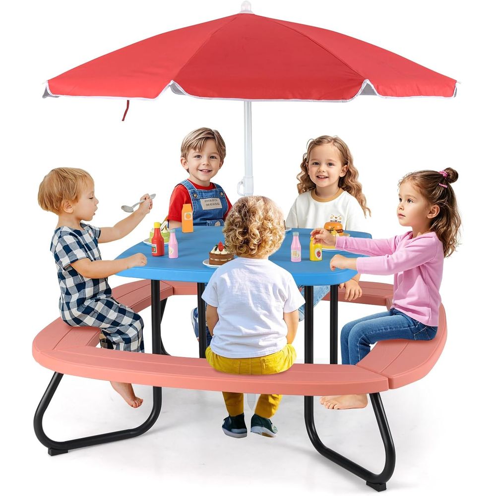 Kids Outdoor Table With Umbrella - Kids Picnic Table, 8 Person Toddler