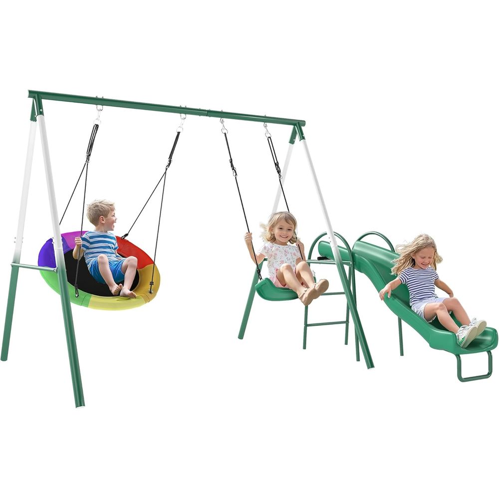 Adjustable Seat Swing and Sauc - Kids Outdoor Swing Set With Slide のレビューと価格