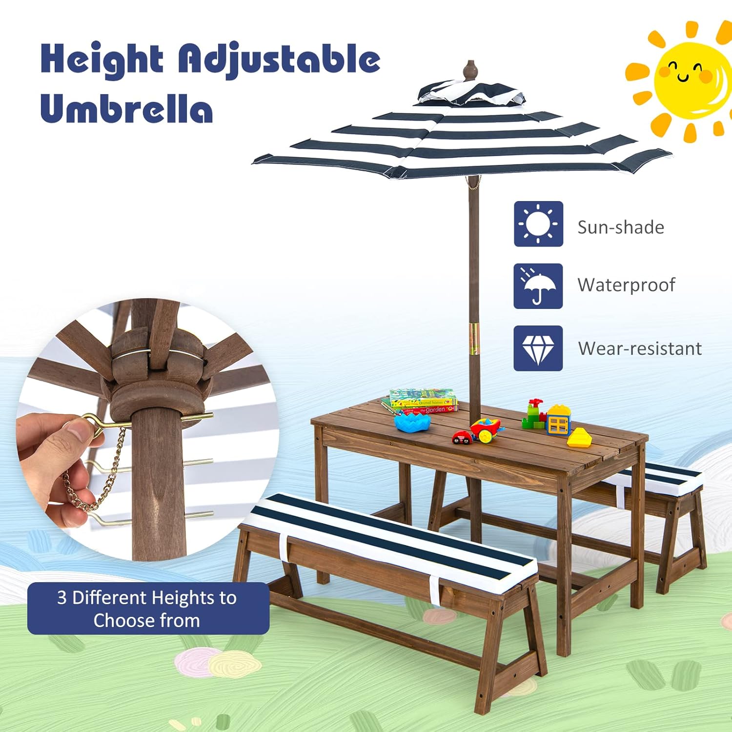 Height Adjustable Wooden Kids  - Kids Outdoor Table With Umbrella のレビューと価格