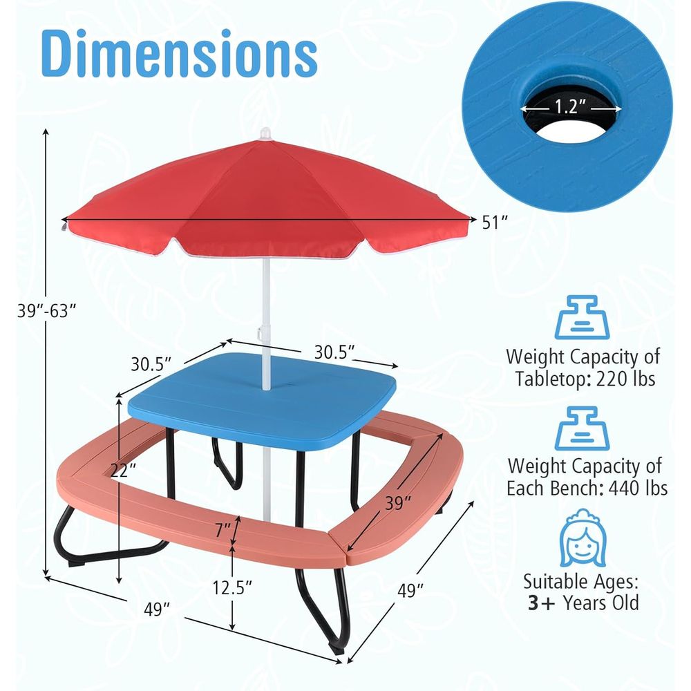 Kids Picnic Table, 8 Person To - Kids Outdoor Table With Umbrella のレビューと価格