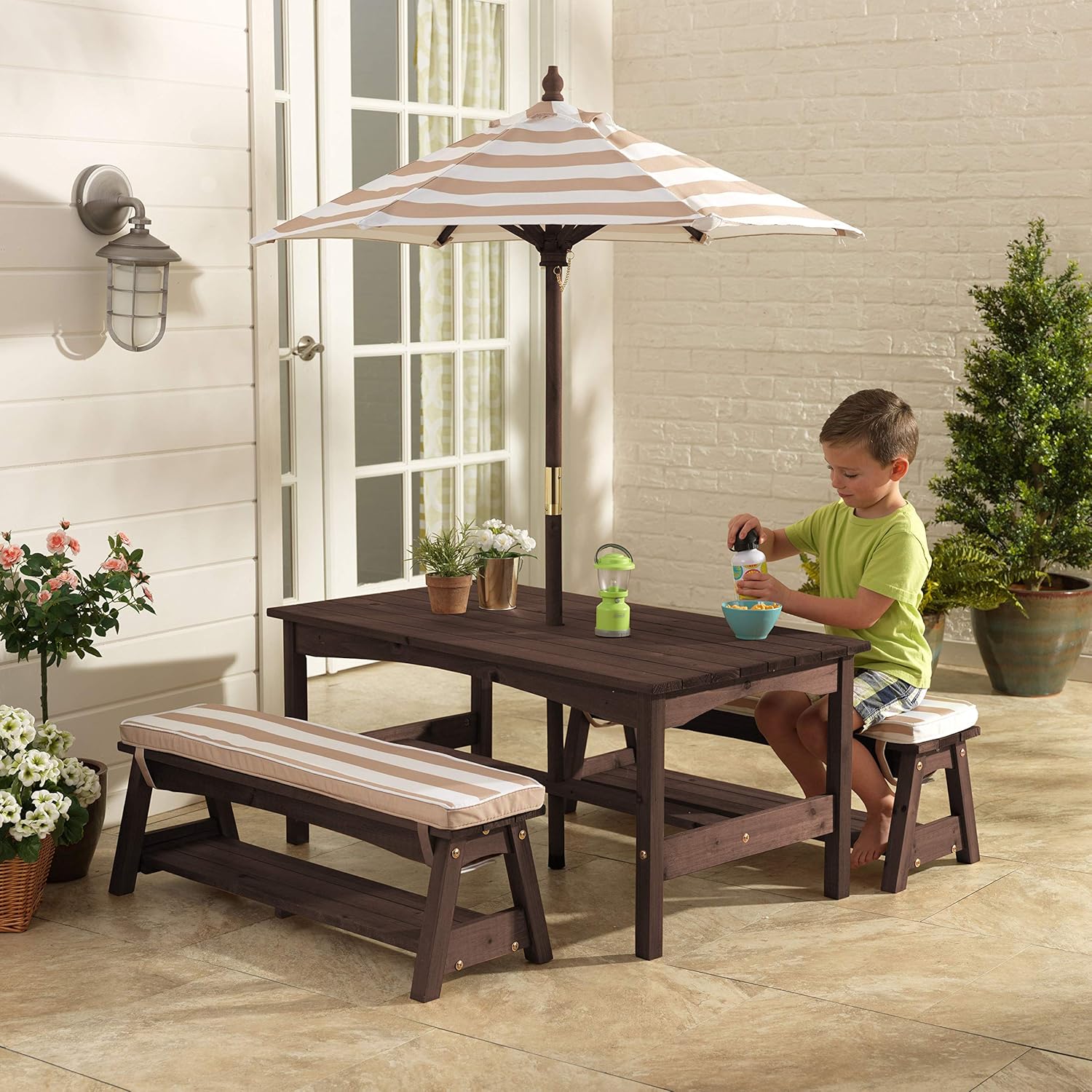 Outdoor Wooden Table & Bench S - Kids Outdoor Table With Umbrella のレビューと価格